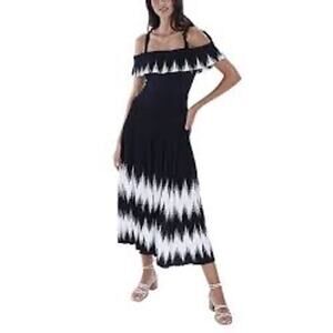 ALLISON NEW YORK Womens Zigzag Dress Black & White Off The Shoulder Midi Size L